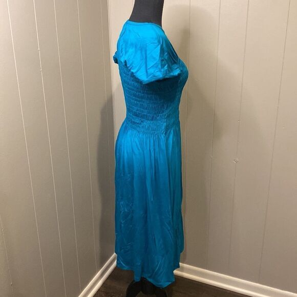 Trina Turk Small Blue Entertain Smocked Knee-Length Dress - Picture 6 of 10